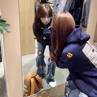 黎帮主的风格店美式复古刺绣字母连帽卫衣女秋冬新款宽松情侣帽衫