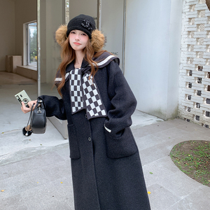 黑色中长款双面羊绒大衣女秋冬新款超火好看高级小众毛呢加厚外套图片