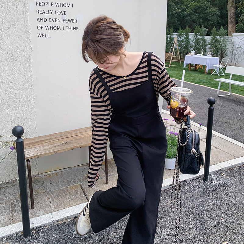 黑色休闲背带裤套装女2025春季新款韩系学院风减龄条纹t恤两件套，商品下架区商品下架区，浙宝290A
