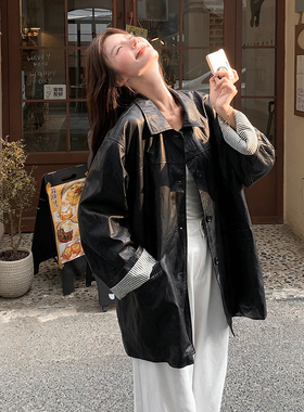 已现货 黑色袖口条纹皮衣290A-3519-P145-K218