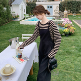 黑色休闲背带裤套装女2025春季新款韩系学院风减龄条纹t恤两件套，商品下架区，浙宝290A