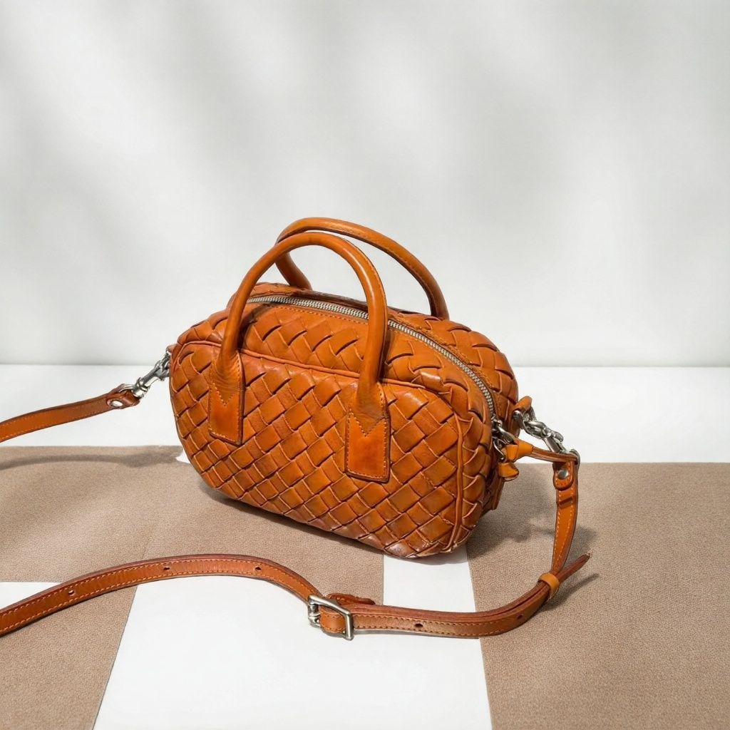 植鞣牛皮重工编织双层皮手提包头层牛皮手工包保龄球小方包