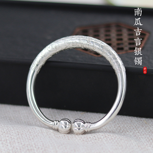 999纯银南瓜头多宝吉言银手镯女手工实心开口镯子定制送妈妈礼物