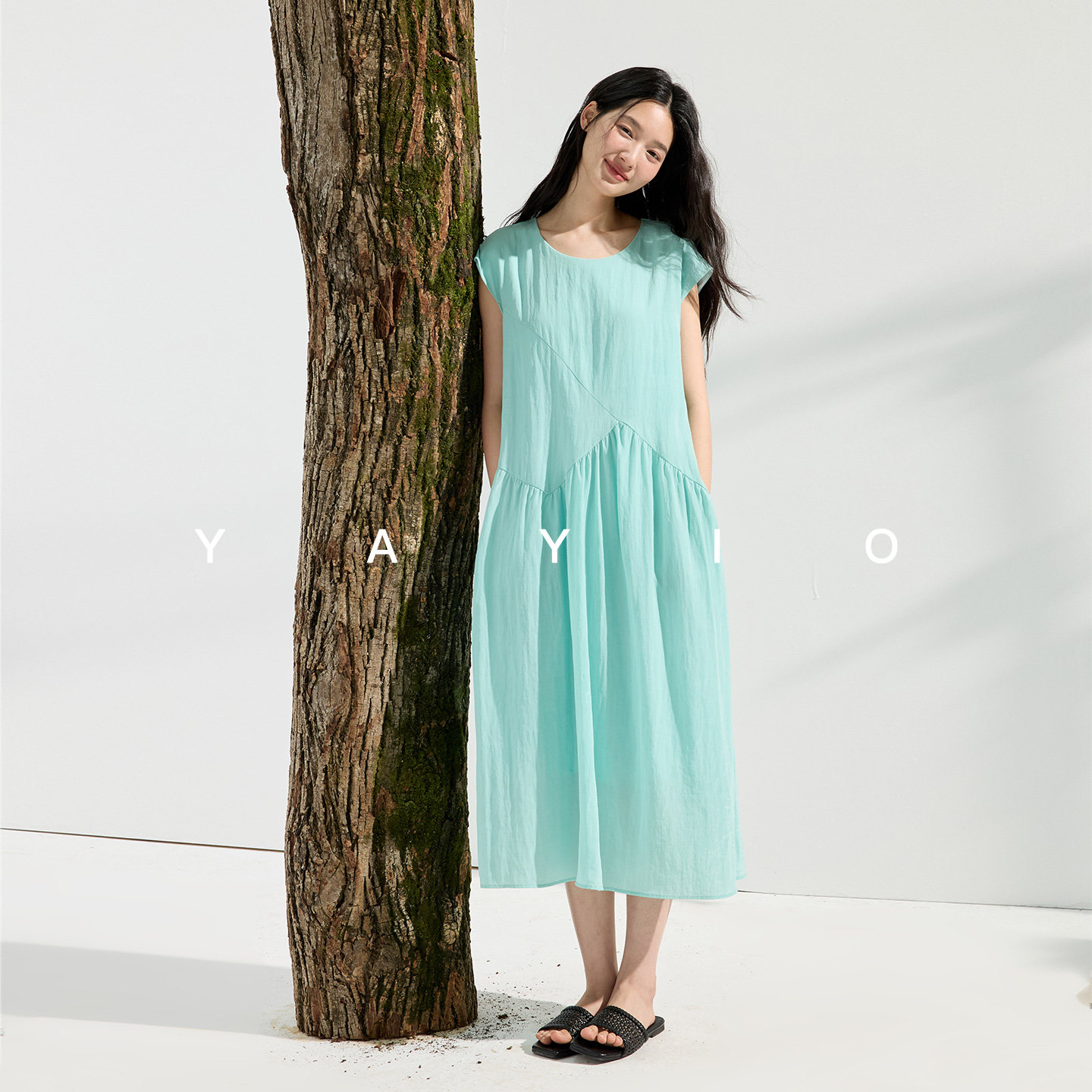YAYIO【微奢日常】简约腰部不规则分割半袖连衣裙女小个子显高