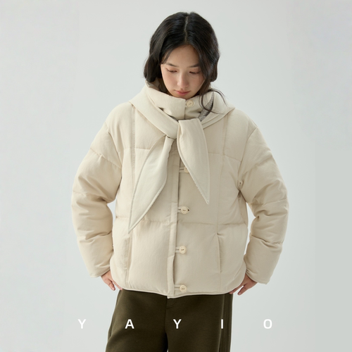 脱卸拼接帽子兔耳朵帽绑结羽绒服
