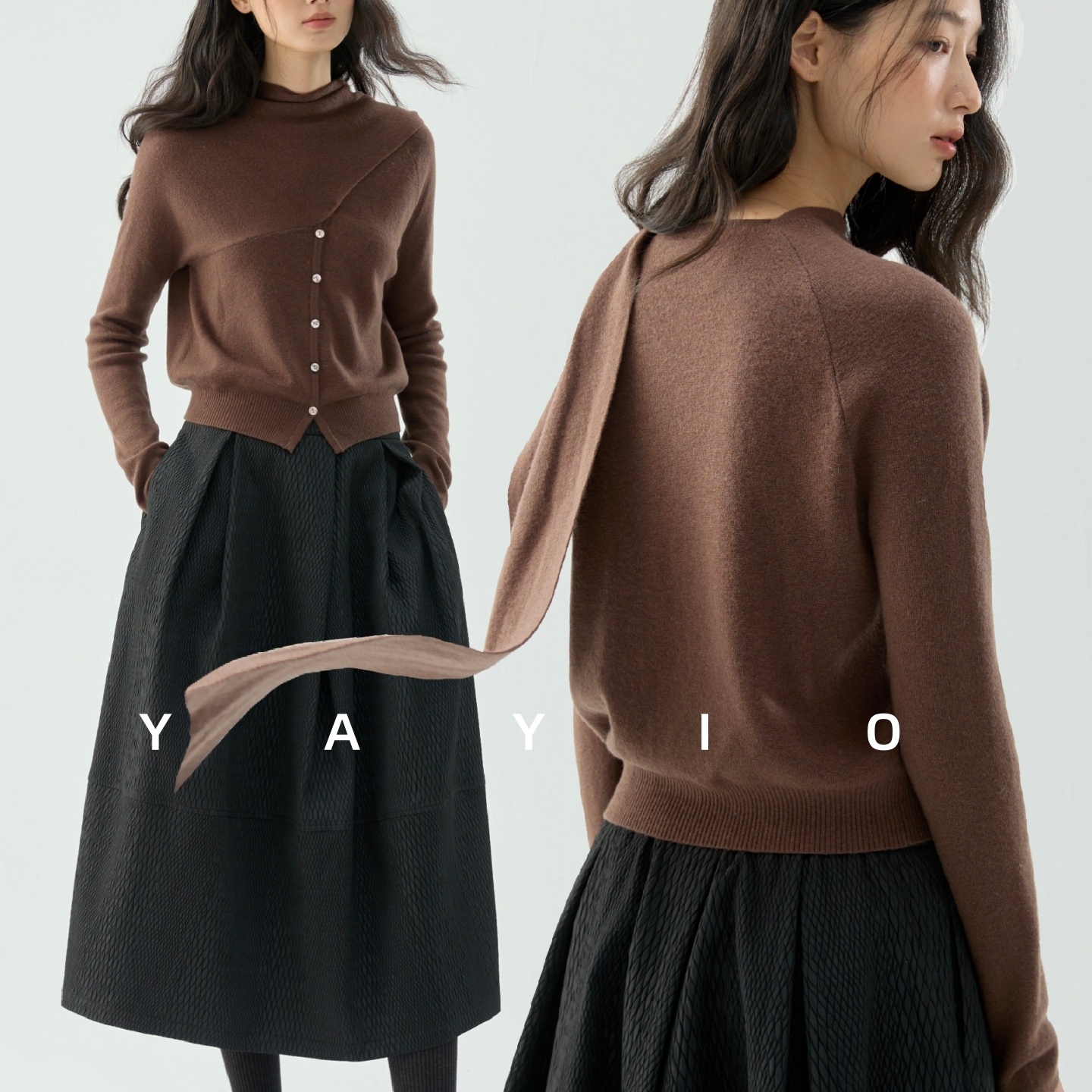 复古全羊毛不对称飘带针织开衫