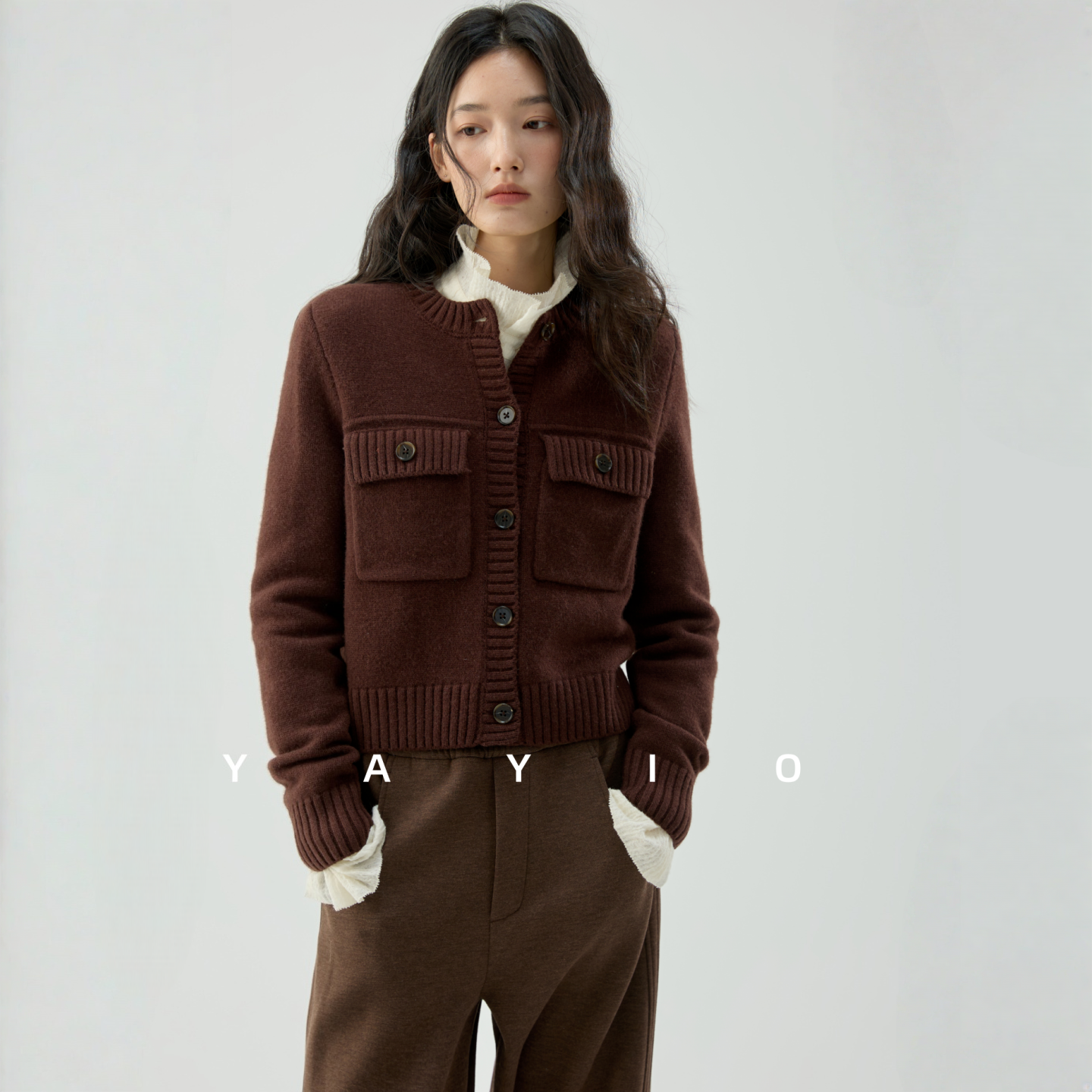 全毛重磅胸口口袋纽扣开衫