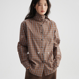 复古英格兰焦糖暖棕色格子立领绑带廓形感衬衫 YAYIO 乡野风