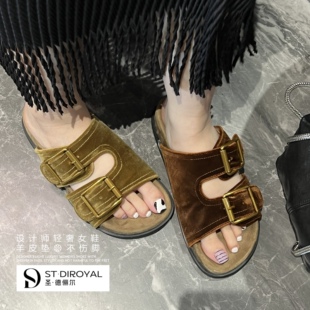 圣德俪尔2026夏季新款欧货女鞋平底金丝绒百搭休闲凉鞋女洋气拖鞋