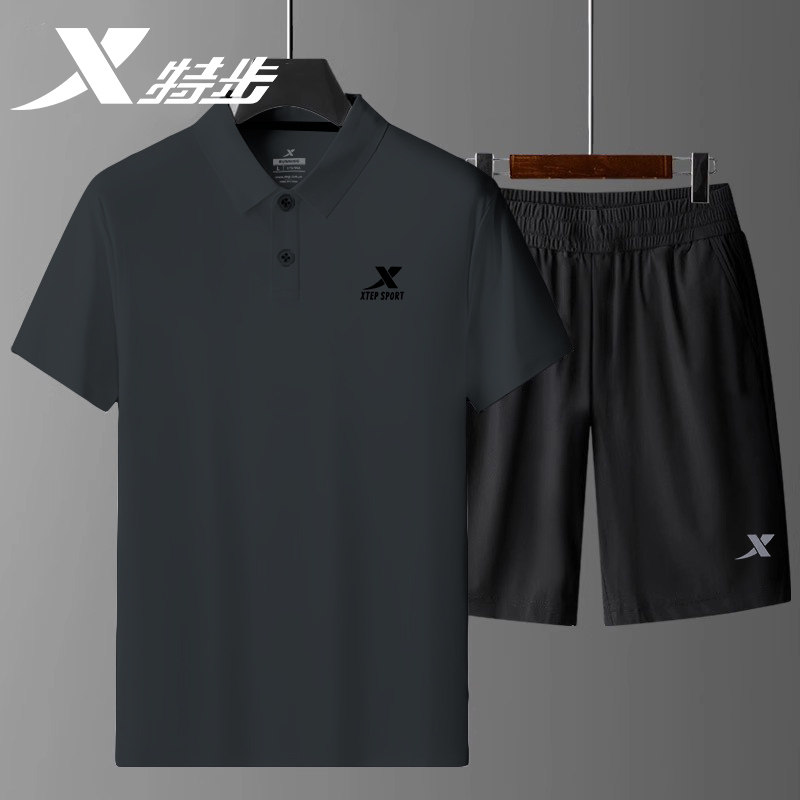 特步中老年爸爸夏装套装夏季新款男士运动休闲速干polo衫短袖男