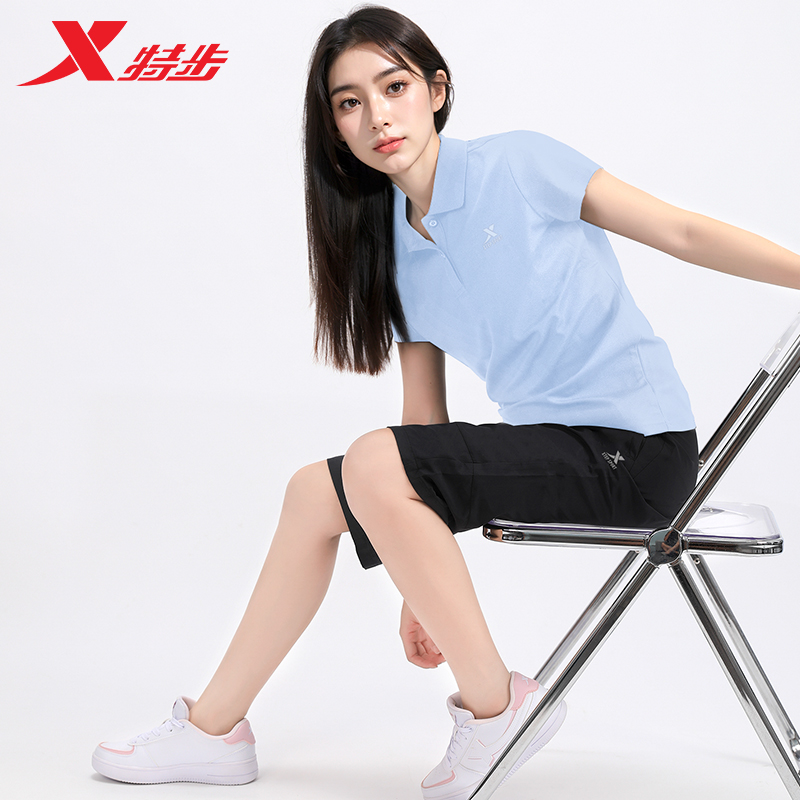 特步运动套装女夏季T恤翻领短袖polo衫速干七分裤两件套跑步服女