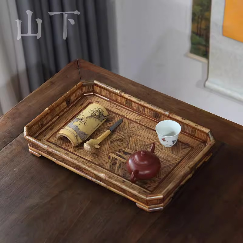 梅鹿竹八角托盘茶具收纳盘古文盘茶室茶水盘奉茶盘竹茶盘名家收藏
