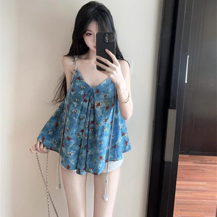 波西米亚碎花雪纺吊带背心女夏泰式辣妹抹胸小上衣独特绝美娃娃衫