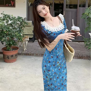 气质碎花长裙设计感方领拼接蕾丝花边连衣裙女潮 法式 2025夏季 新款