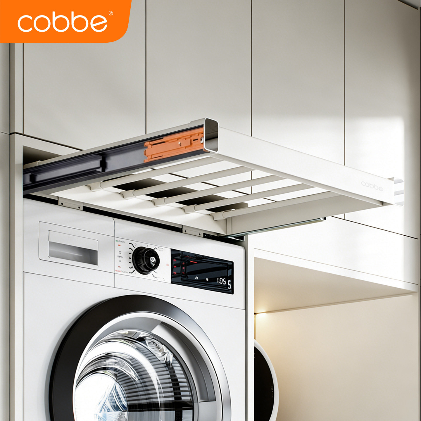 卡贝洗衣机抽拉衣架阳台上方挂衣杆伸缩式隐形晾裤架内置收纳滑轨