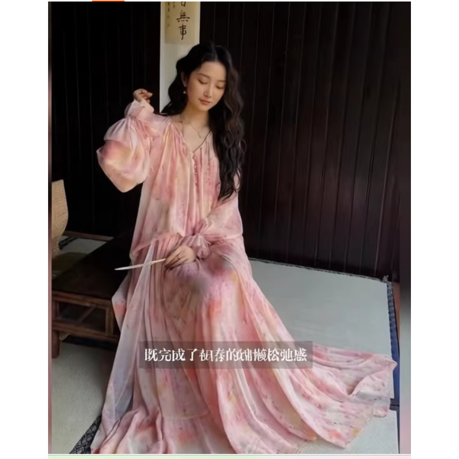 三吉同款「92折款！3/23日」【沙洲梦】织金雪纺印花假两件连衣裙