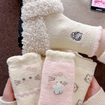 可爱毛绒绒袜子女秋冬中筒袜加绒加厚保暖澳绒长袜居家冬天睡眠袜