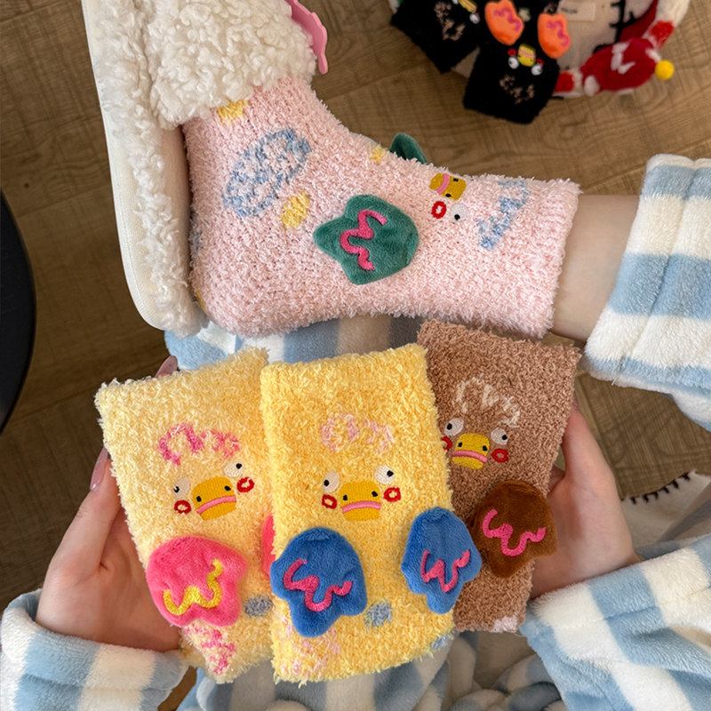 厚珊瑚绒袜子女秋冬季加绒保暖月子棉袜毛绒睡眠袜居家地板袜冬天