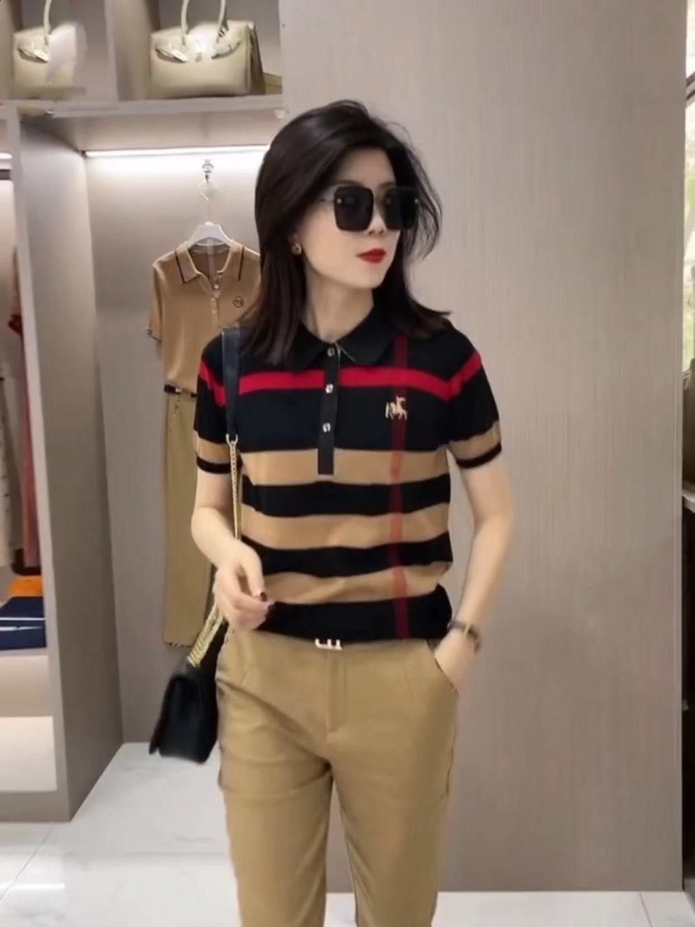 冰丝条纹短袖polo衫女夏季欧洲站大牌洋气翻领T恤宽松半袖上衣潮