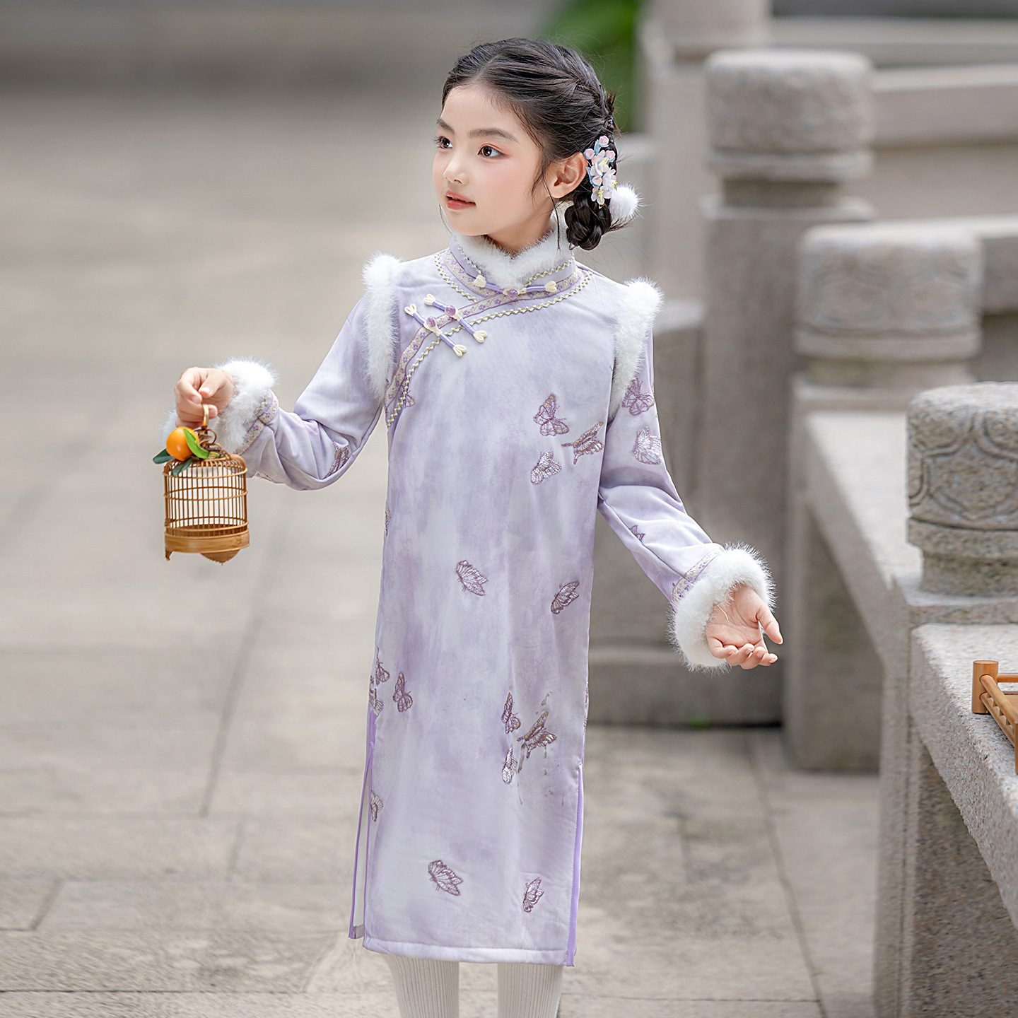 女童中国风加绒加厚旗袍连衣裙