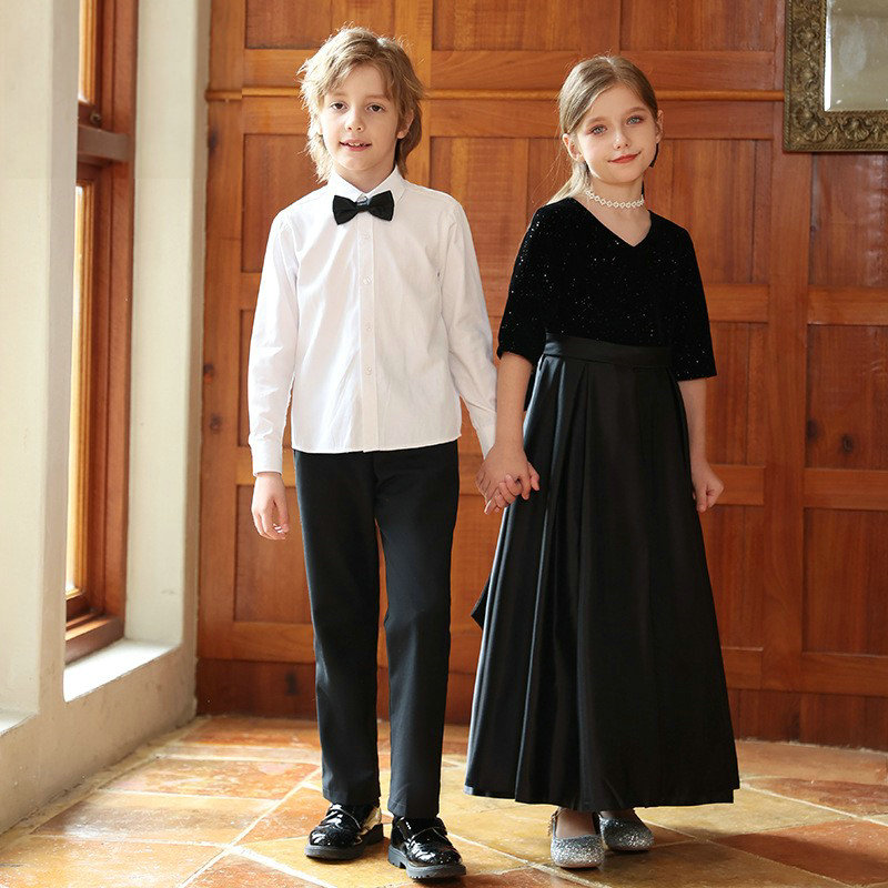 儿童黑色礼服长裙大童公主连衣裙