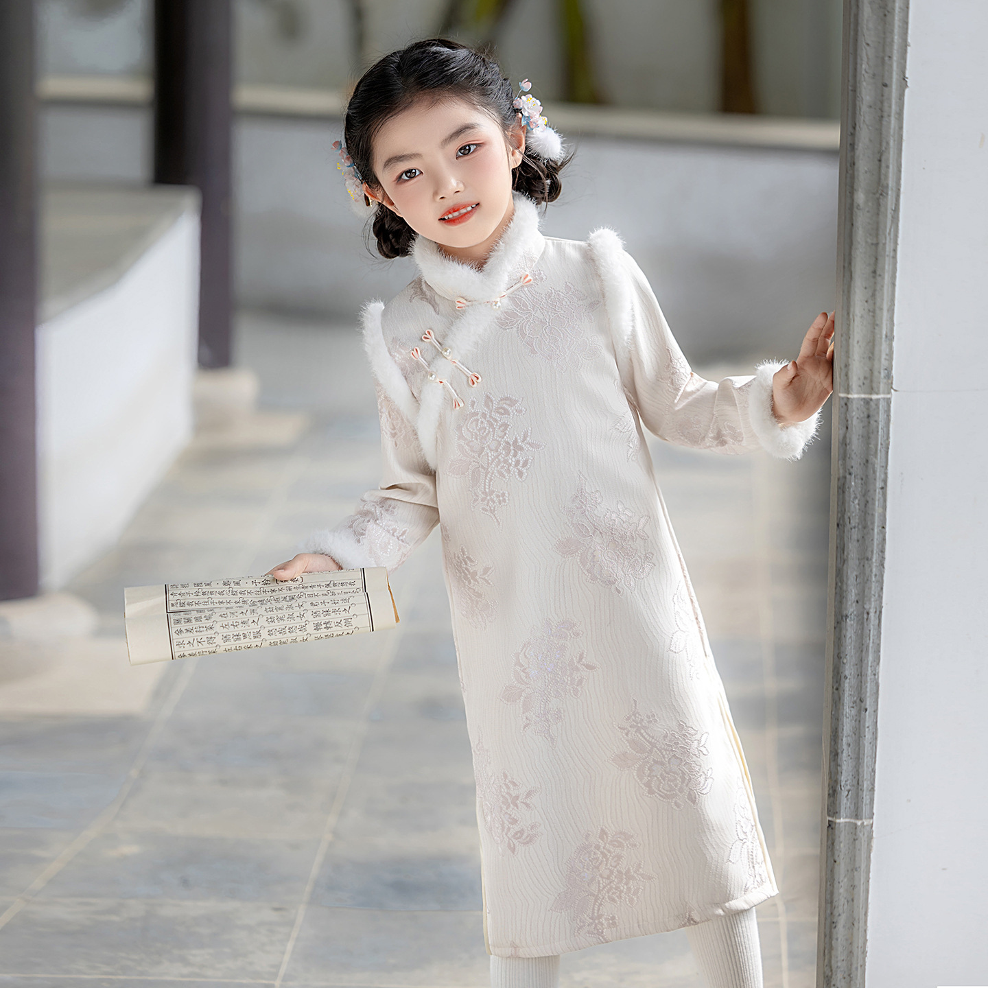 女童冬季长袖加绒旗袍公主连衣裙