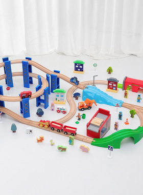 木质火车轨道蓝色环形兼容托马斯木质小火车玩具套装