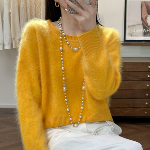 温柔慵懒风100%纯山羊绒圆领长袖套头毛衣女黄色宽松