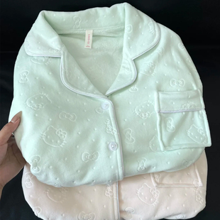 简约纯色可爱HelloKitty睡衣女秋冬季海岛绒薄绒保暖开衫家居服女