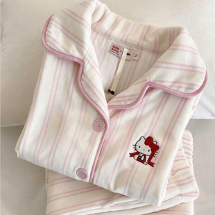 条纹可爱HelloKitty睡衣女冬季法兰绒加厚保暖珊瑚绒家居服两件套