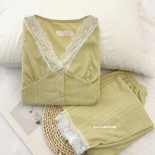 春夏季睡衣女长袖小清新V领高级感蕾丝提花棉宽松大码家居服套装