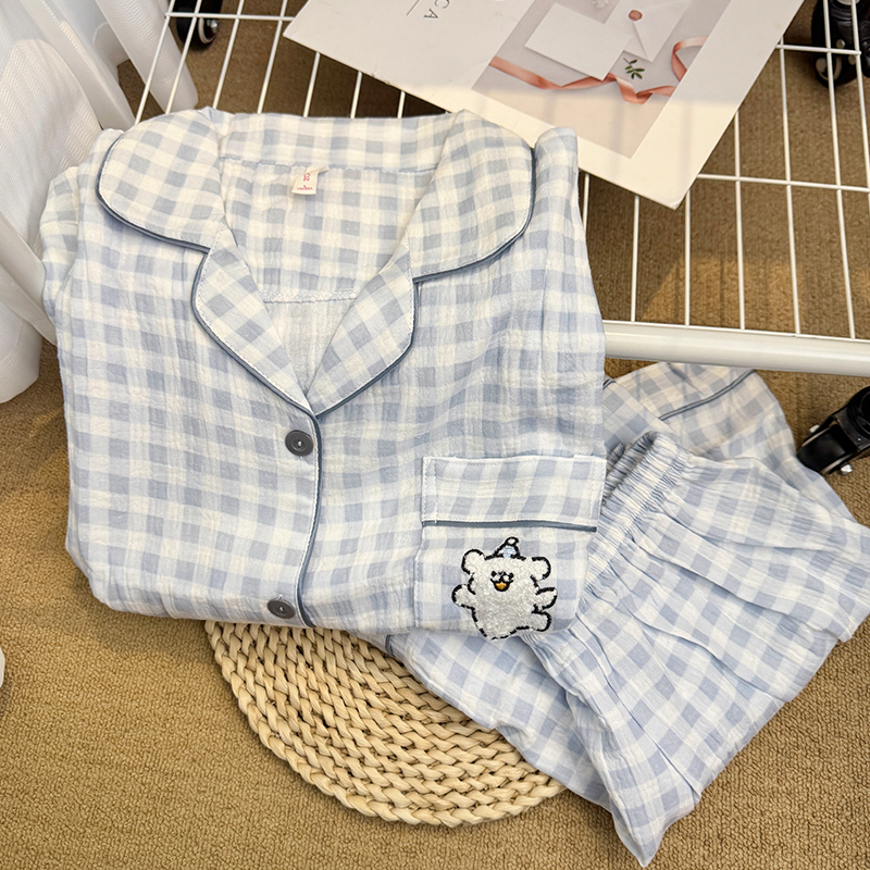 线条小狗睡衣女夏季短袖棉纱套装