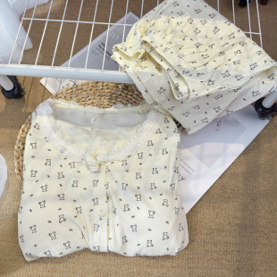 ins风可爱小熊睡衣女夏季 花边家居服两件套 短袖 带胸垫莫代尔薄款