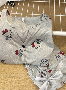 可爱HelloKitty莫代尔睡衣女夏季短袖带胸垫薄款灰色家居服两件套
