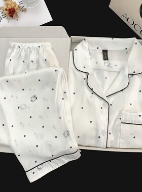 简约风波点HelloKitty睡衣女春秋夏季长袖薄款冰雪丝带胸垫家居服