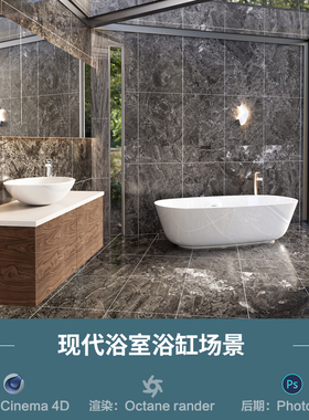 【776-现代卫生间浴缸场景】c4d模型obj源文件OC渲染室内三维工程