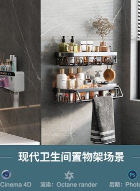 【640-现代卫生间置物架】c4d模型室内obj源文件OC渲染三维工程