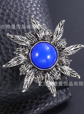 复古古银太阳花胸针防走光