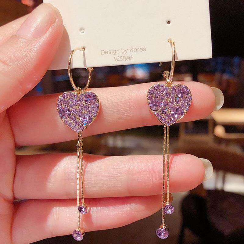 日韩时尚新款流苏耳环爱心长款双流苏C形水钻耳钉耳圈女earrings