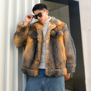 狐狸毛皮草男外套原生态灰狐高级感真毛皮毛一体大衣2026冬季 新款