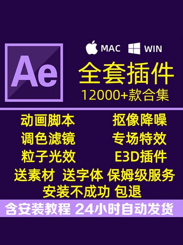 AE软件全套插件中文一键安装包合集粒子转场特效e3d模板软件素材