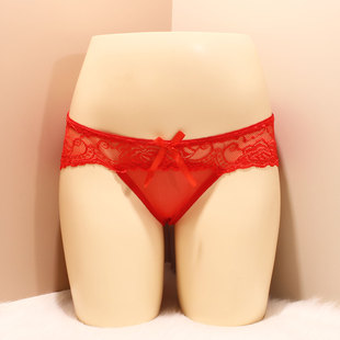 性感内裤 女无痕低腰蕾丝透气棉裆蝴蝶结红色本命年火辣女式 三角裤