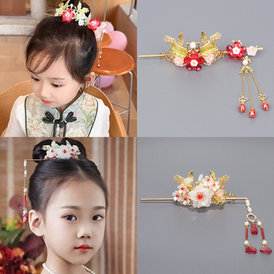 中国风汉服头饰儿童花朵束发发冠小女孩凤冠发饰流苏步摇盘发发钗