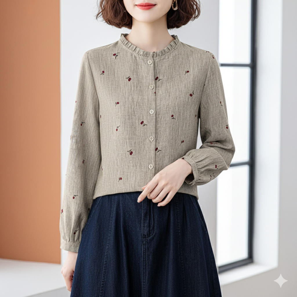 仿麻樱桃印花衬衫女秋季