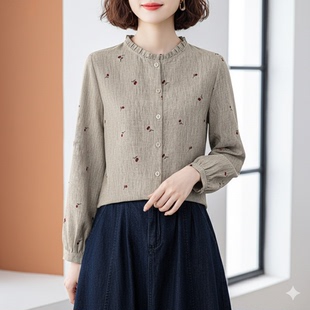 大码 上衣温柔风棉麻衬衣妈妈装 显瘦 女立领长袖 秋冬樱桃印花衬衫