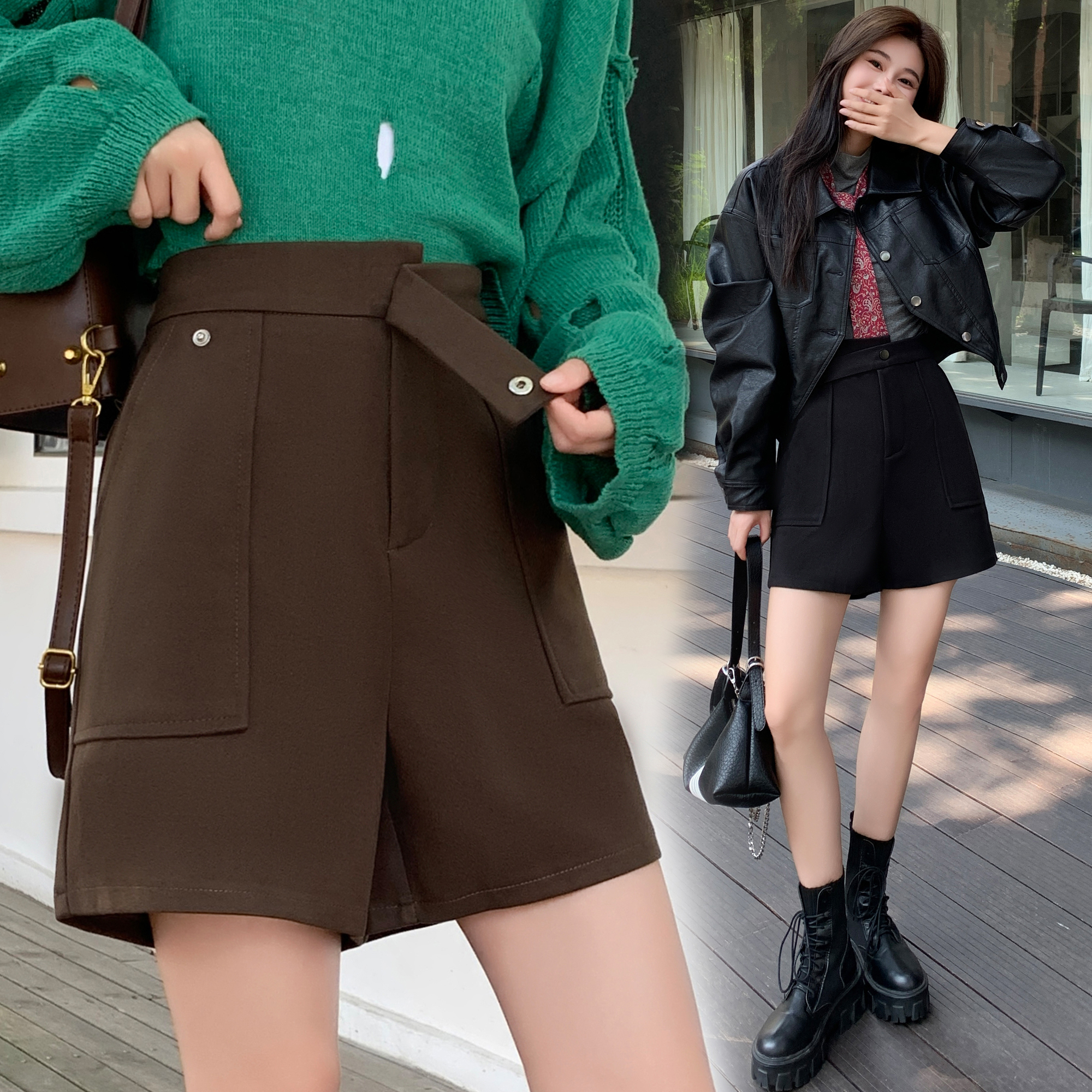 大码不规则毛呢a字阔腿裤