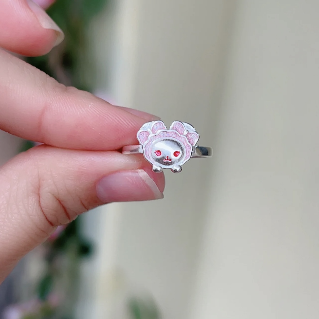 足银兔熊纯银可调节戒指