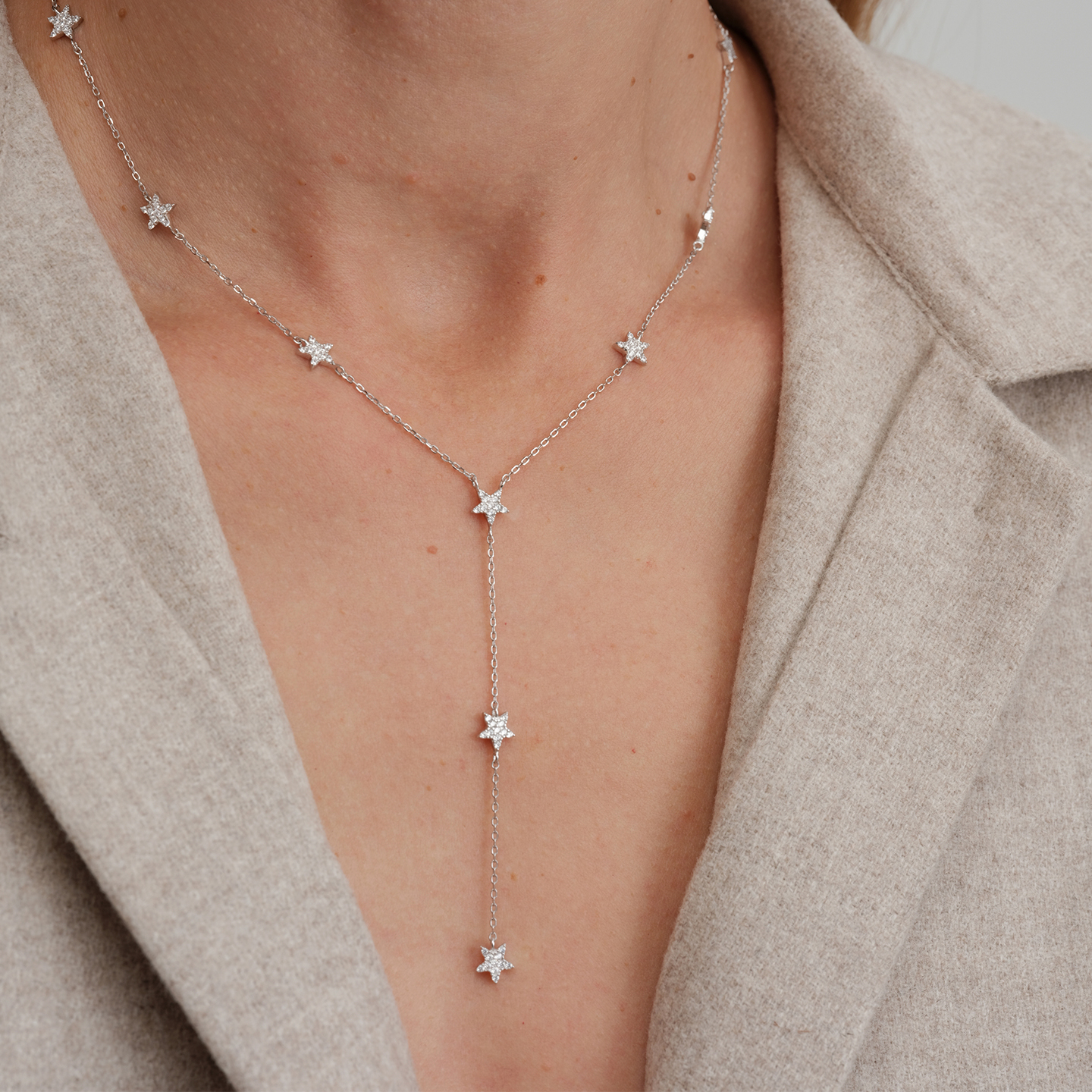 【CnHnOn脂肪商店】s925纯银节日珠宝星星摇曳满钻芒星y字项链