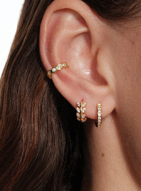 【CnHnOn脂肪商店】s925纯银时髦叠戴镶钻蜂窝树叶满钻耳钉耳夹