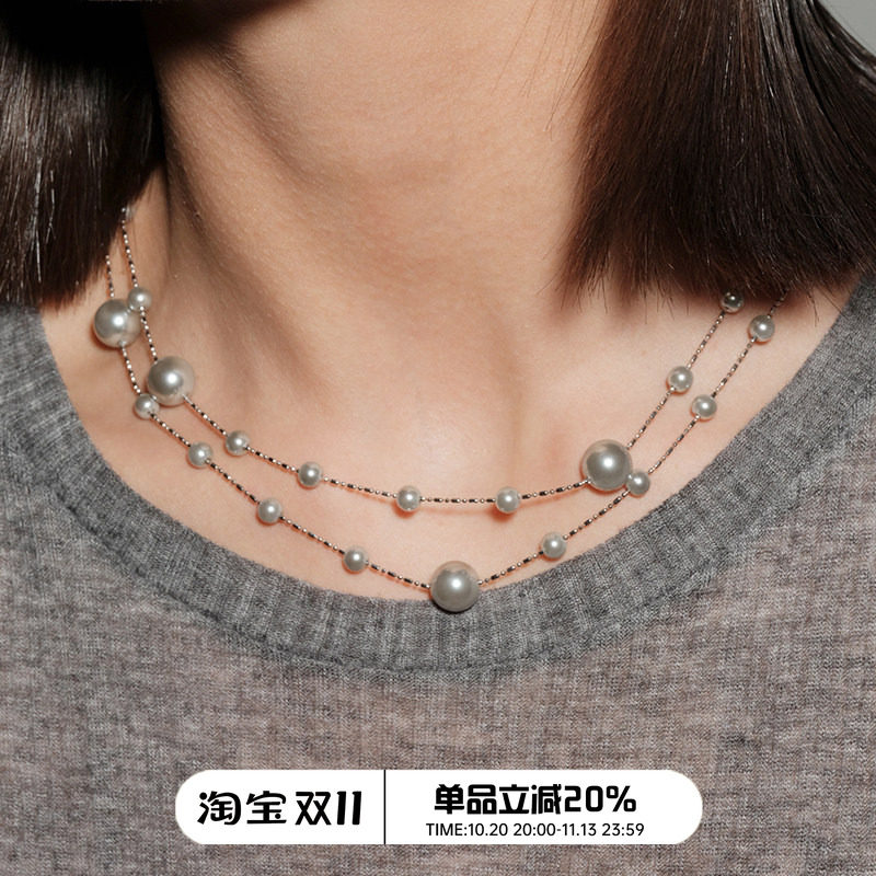 【CnHnOn脂肪商店】星空裸链麻灰色珍珠渐变叠戴长款项链毛衣链